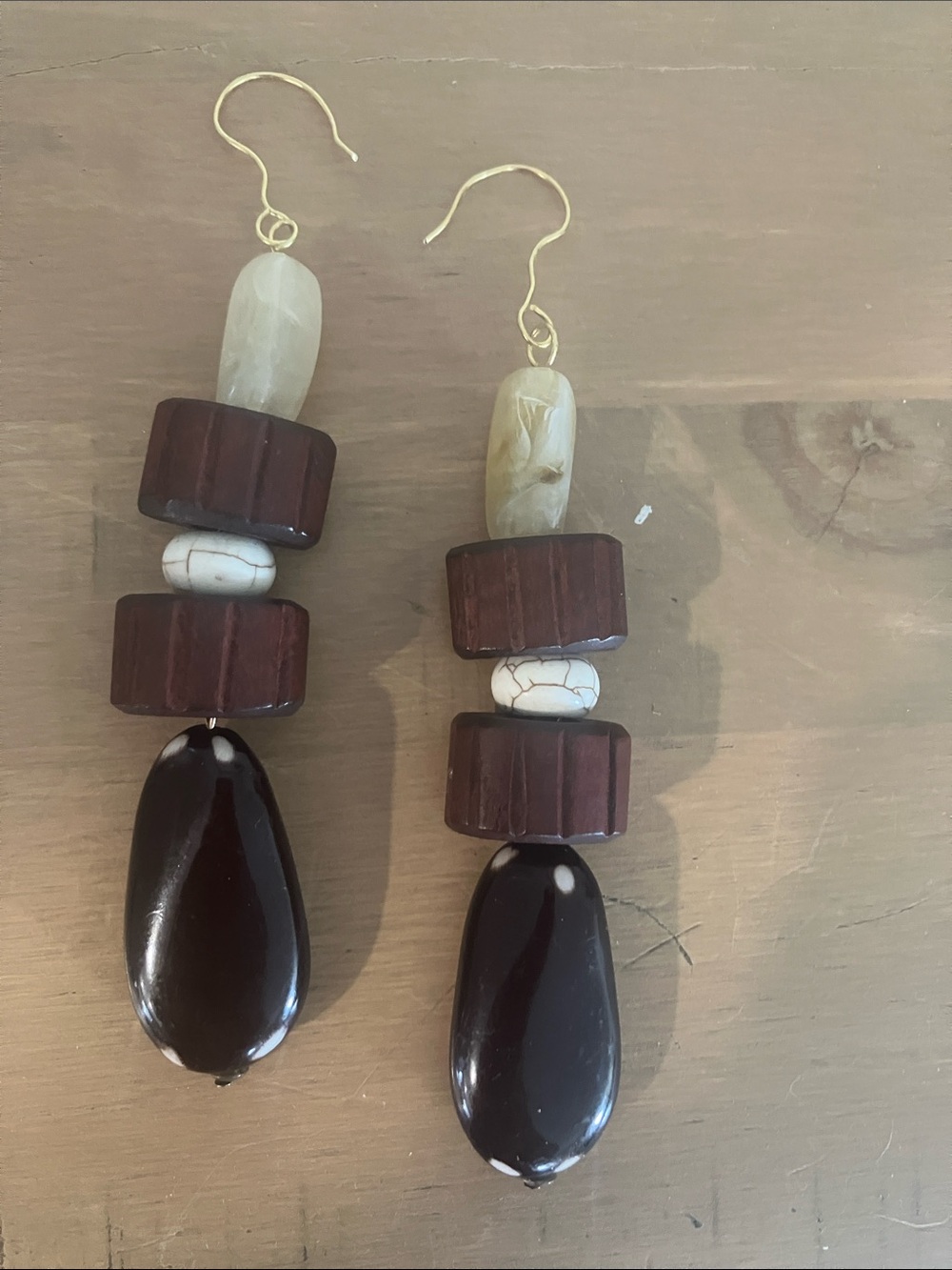 handmade long 4” brown wood & creamy white color stone dangle earrings
